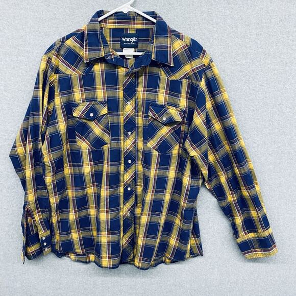 Wrangler Western Shirt Mens XL Blue Yellow Plaid Pearl Snap Nerdcore Rodeo - Picture 1 of 3